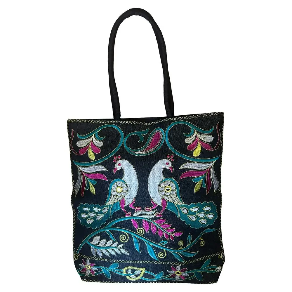 Embroidered Denim Tote Bag — 14x14, Boho/Artisan Style - Picture 4 of 8